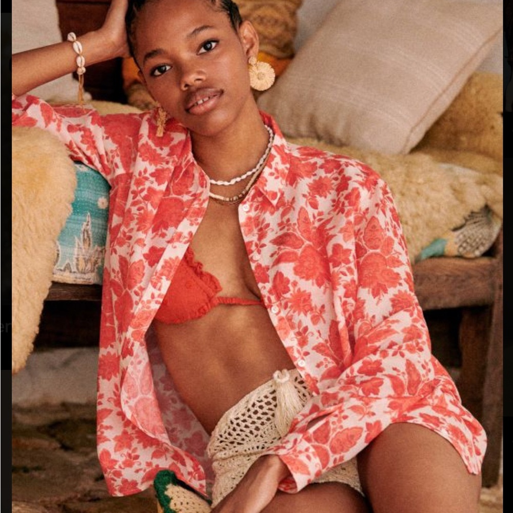 Sezane Coral Floral Button-Up Blouse